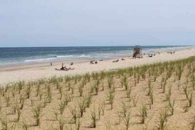 Nauset Beach in summer with lots of space for sunbathing, beach games, and swimming